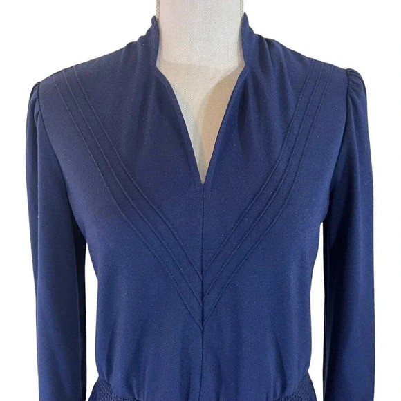 Cora's Closet Navy Blue Vintage Dress Cottagecore Unique Stitched Neckline Knit - Picture 6 of 7